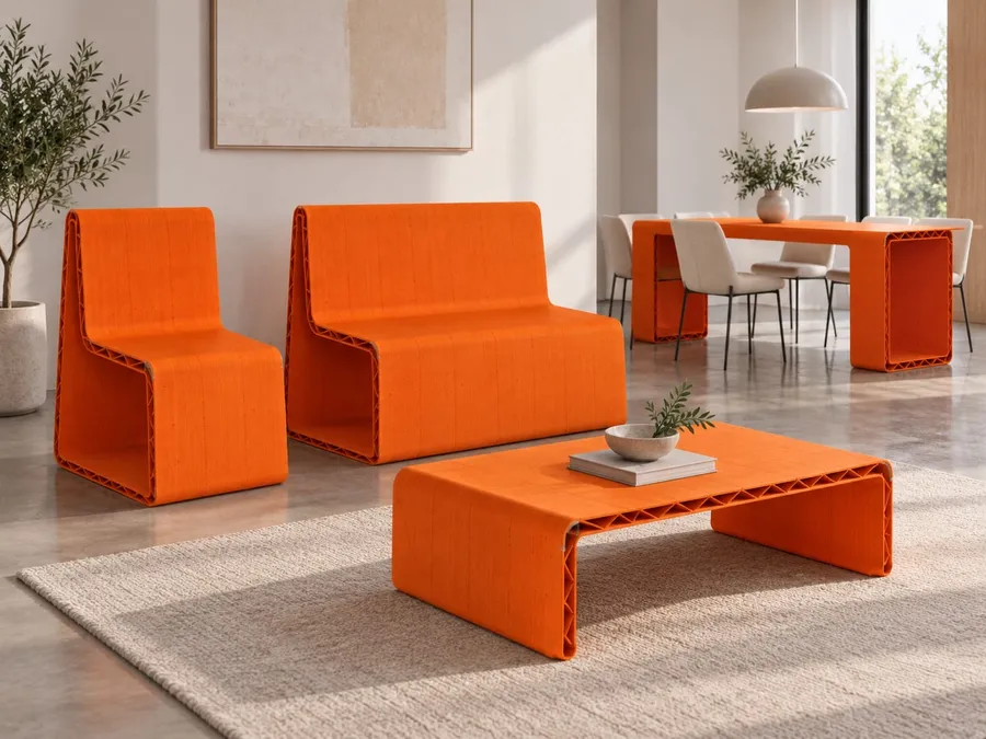 Anteprima della collezione DUKENA in un soggiorno: sedia, poltrona larga, tavolino e tavolo