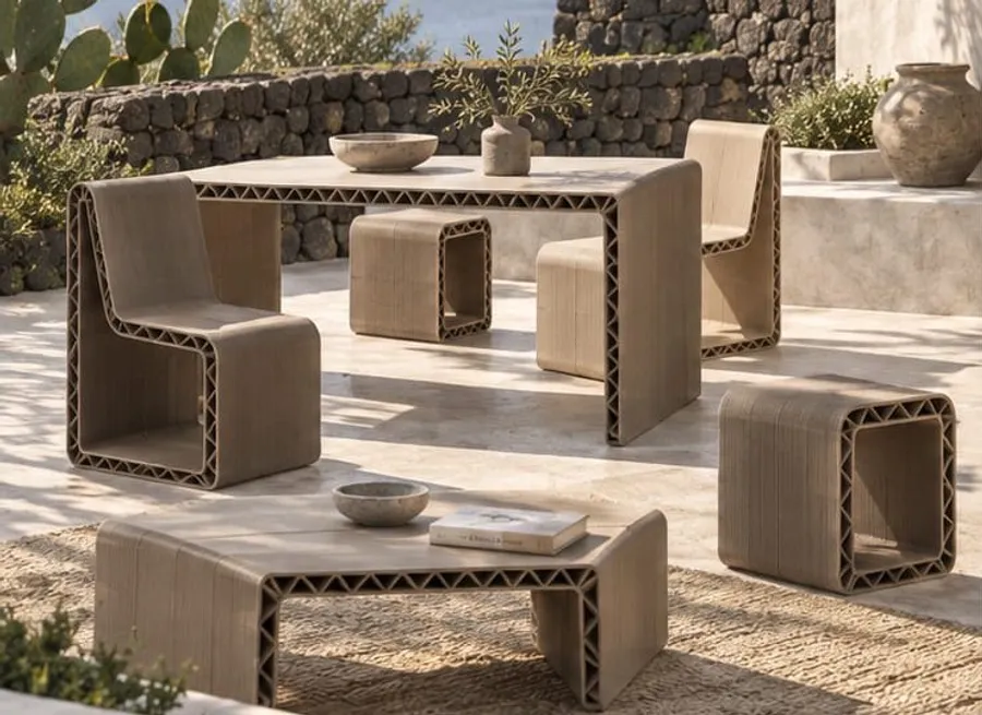 Anteprima della famiglia DUKENA su una terrazza di Pantelleria: sedie, sgabelli, tavolo e tavolino