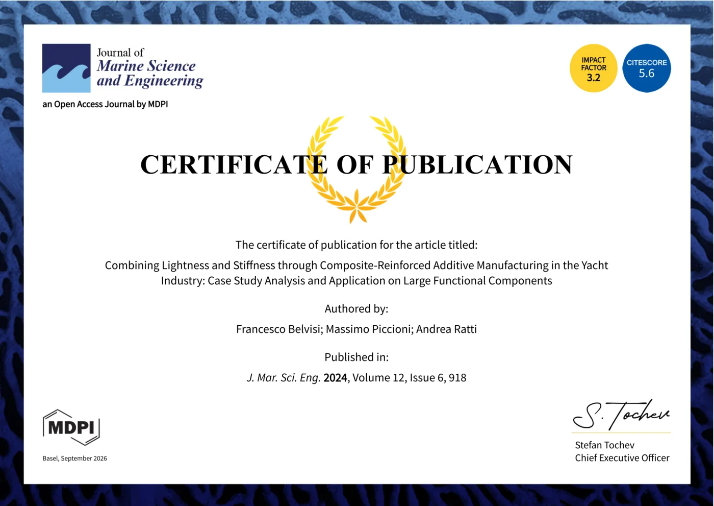 The certificate of publication for the article, issued by MDPI