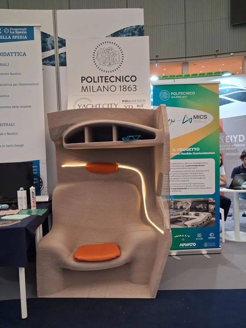 The structural seat 3D printed by NUGAE, on show at the Politecnico di Milano stand at the Genoa Boat Show