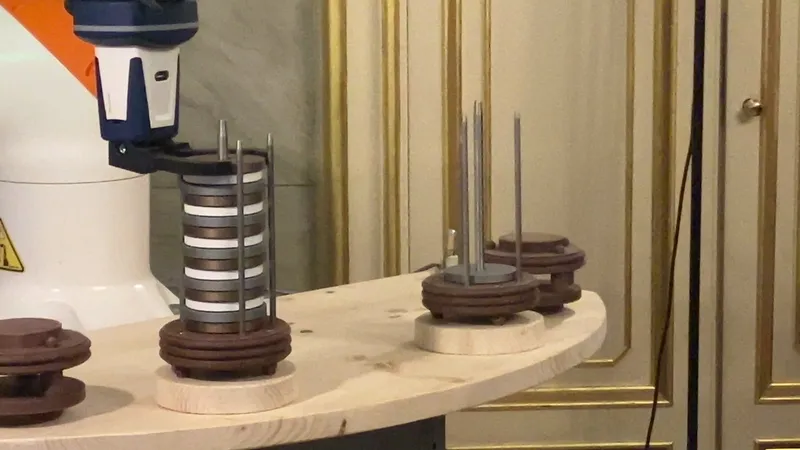 The collaborative robot assembles the replica of the Voltaic Pile with the discs 3D printed by NUGAE, in the Sala Pasta of the Teatro Sociale in Como